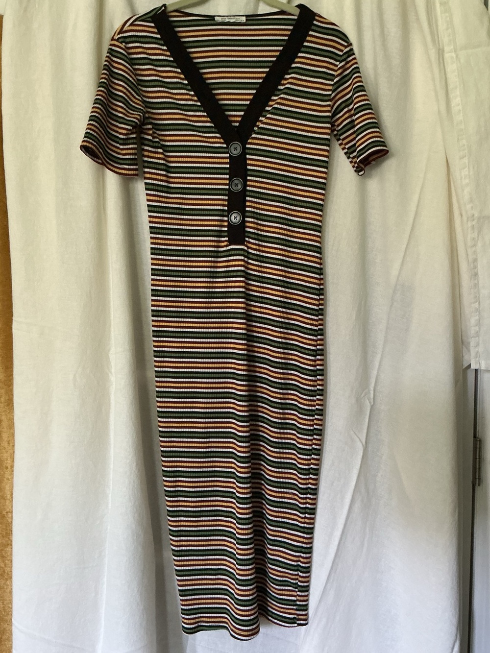 Zara Multicolor Striped V-Neck Midi Dress with Black Trim
